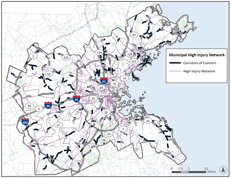 Figure 1.4: A map of the Boston MPO Region with line segments depicting the high injury network in each of the 97 municipalities. The map is an example from the project on-line tool which allows users to focus in on specific municipalities to identify specific corridors of concern and high injury locations.
